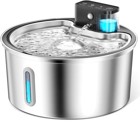 PawPoll Fontana d'acqua wireless per gatti, in acciaio inox, 3,2 l, senza fili, a batteria, erogatore d'acqua ultra silenziosa, per cani e gatti