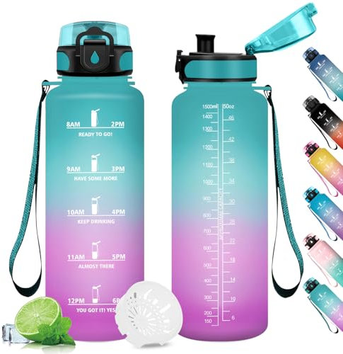 Botella Agua 1.5L, Botella Agua Prueba de Fugas, Motivacional Botella con Tapa, Botella Gimnasio con Botella Agua Marcador Tiempo, Botella Agua para Adulto, Sport, Cámping, Gym, Running, Gimnasio