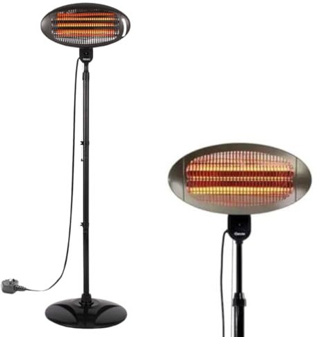 2KW Outdoor Free Standing Quartz Electric Garden Patio Heater 2000w Waterproof, 3 Power Settings, Adjustable Heat Angle and Height Adjustable Stand (Black)