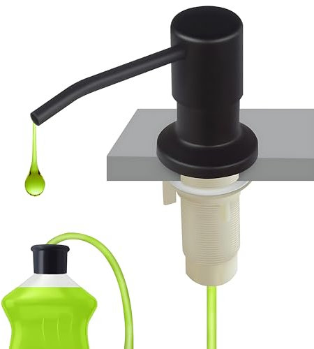 AMSAMOTION Distributeur de savon de cuisine encastrable pour évier avec bouteille de 350 ml et tuyau d'extension de 1 m, distributeur de savon à remplir par le haut, pompe rotative à 360°, noir