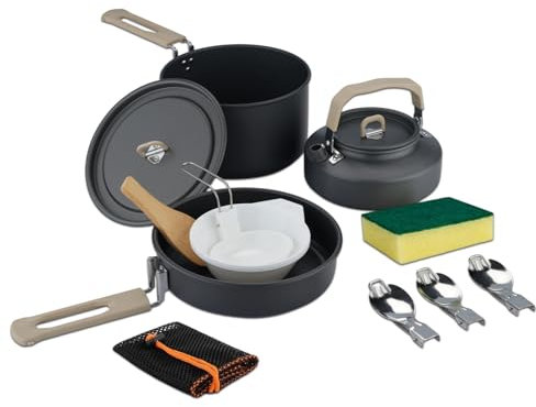 ISFORU Camping Cookware Set 13PCS Non-Stick Camping Pots and Pans Cookware Set with Kettle Plastic Bowls and Utensils, Compact Cooking Kit for Hiking, Backpacking & Survival
