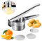 Presse Puree Manuel, Moulin à LéGumes Inox 420ml Moulin a Puree avec 3 Disques Interchangeables Ecrase Pomme de Terre Facile à Nettoyer Garlic Crusher Facile à Presser Presse-Citron