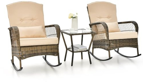 FANTASK 3-teilige Rattan Balkonset, Gartenmöbel Set mit Schaukelstühle und Tisch, Terrassenmöbel für Garten Balkon, Beige