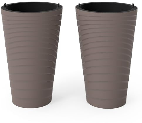 TANGZON Round Planter Set of 2, 45cm Tall Spiral Plant Pots with Drainage Holes & Removable Liner, Indoor Outdoor Flower Pots for Porch, Balcony, Garden, Living Room, Brown