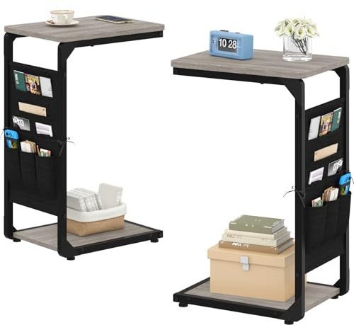 Vovonusy Narrow C-Shaped End Tables, TV Trays Set of 2, Small Side Table for Couch with Storage Bag, Sofa Table for Living Room, Bedroom, Bedside ET-P-GY2