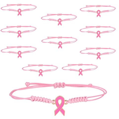 Mikovivi 10pcs Réglable Bracelets à Rubans Roses, Tressés Corde Bracelet d'Amitié à Ruban Mignons Accessoires Inspirants pour Encourager des Amis Favors de Fête Soutien Survivants