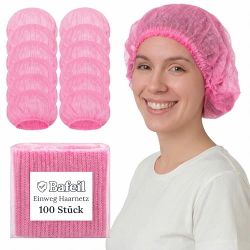 100 Stück Einweg Haarnetz 52 cm - OP Haube, Haarnetz Küche Gastronomie Hygiene - Latexfrei Atmungsaktiv Einweghauben mit Elastischem Band Vlies für Damen Herren Langhaar Rosa