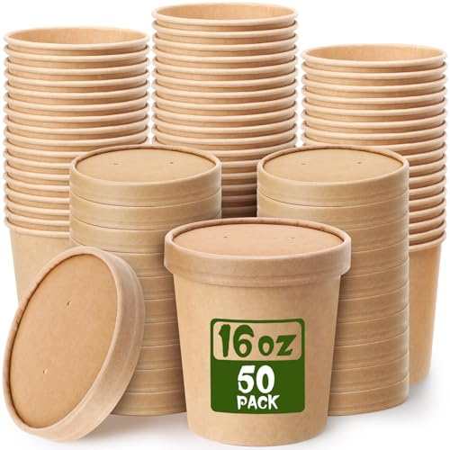 Fulmoon 50 Pack 16 oz Paper Soup Containers with Lids, Disposable Kraft Paper Soup Cups Ice Cream Bowls Food Storage with Lids, Microwavable and Freezer Safe (Brown)