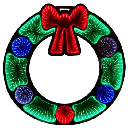 60cm Mains Operated LED Infinity Mirror Tunnel Light 3D Illusion Lamp with Wooden Base, Double-Sided, Endless Glow Effect, Perfect Modern Home Lighting & Christmas Decoration (Christmas Wreath)