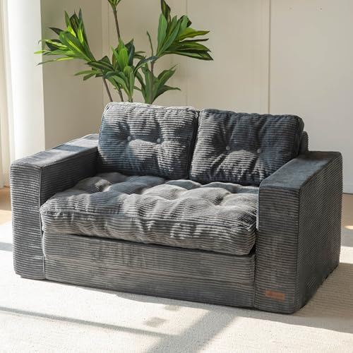 MAXYOYO Bodensofa Schlafsofa 140cm Breit mit Kissen, 2-in-1 Klappbar Cord Sofa 2 Sitzer mit Schlaffunktion, Liegefläche 101x196CM für Wohnzimmer, Schlafzimmer, Lounge