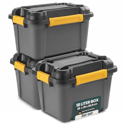 Kreher® Bunker Tough Aufbewahrungsbox 18L - 38 x 29 x 28,8 cm - IP67 wasserdicht & staubdicht, UV-beständig, schlagfest - Ideal für Werkzeug, Garage, Camping, Outdoor & Haushalt - 3 Stück