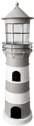 Windlicht Leuchtturm, Eisen – farbige Streifen – Greige-weiß, 19x19x64 cm | lackierte maritime Laterne, Aussichtsturm – Kerzenhalter mit Glaszylinder – Wachturm, Leuchtfeuer, Signalmast – Seaside No.64