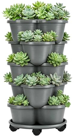 Genérico Maceta de Fresas,5 Niveles Apilable Vertical con Ruedas - Contenedor de Cultivo para Las Plantas | para Uso en Patio Balcón Terraza Invernadero Interior Exterior Flores y
