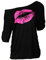 Smile Fish Damen-T-Shirt, schulterfrei, langärmelig, mit aufgedrucktem sexy Lippenmotiv Gr. Small, Schwarz-Rose