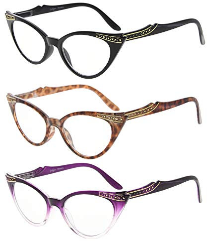 Eyekepper Damen 3 Paar Lesebrille Damen Vintage Cat Eye Lesegeräte(Schwarz/Tortoise/Lila Transparent, 0.50)