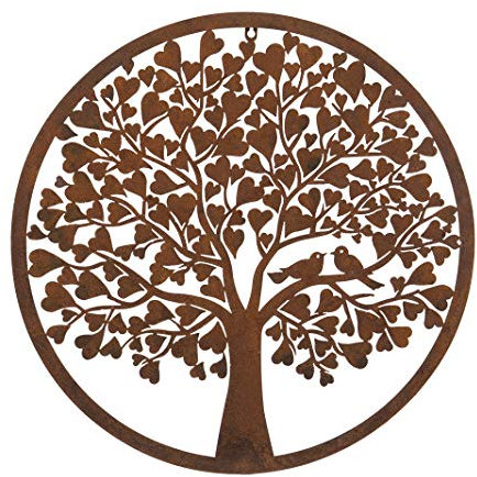 F&G Supplies 60cm diameter heart leaf rustic round steel metal garden wall art plaque - with 2 little birds!