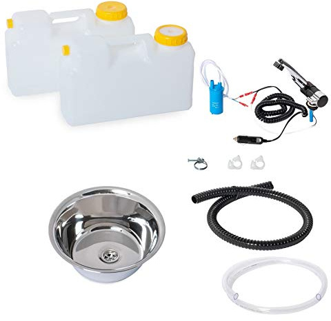 Wasseranlage Imbisswagen Verkaufsanhänger Campingküche 12v Bausatz Spüle 32cm (320mm) London Schwarz/chrom Raumsparkanister 12L (ad-ideen)