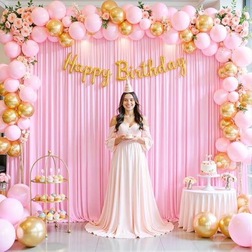 Light Pink Backdrop Curtain for Parties Photo Backdrop Wedding Baby Shower Photography Background with Gold Curtain Tiebacks 5ft x 10ft Pack of Two