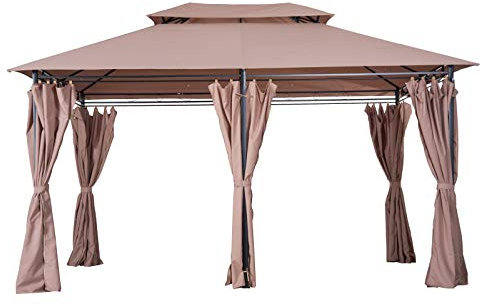 Outsunny 4m x 3(m) Garden Gazebo, Double Roof Outdoor Gazebo Canopy Shelter with Curtains, Solid Steel Frame for Patio, Garden, Brown