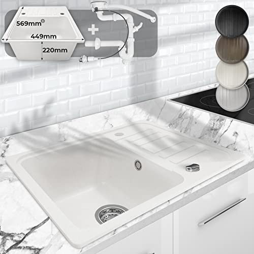 Aquamarin® Fregadero de Cocina - de Granito, con 1 Seno y Escurridor Reversible, Set de Desagüe, 57 x 45 cm, Integrado o Empotrado, Color a Elegir - Lavabo de Cocina (Blanco)