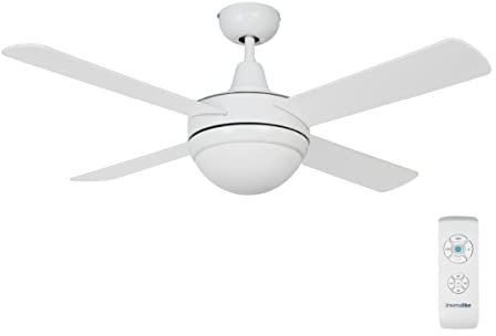 UNIVERSALBLUE Ventilador de techo con luz | Ventilador silencioso con Motor AC | Aspas reversibles color blanco y madera | Potencia 70 W | Temporizador y mando a distancia | Función Invierno