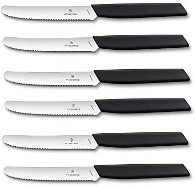 Victorinox Swiss Modern - Juego de 6 cuchillos de mesa para tomates y tomates (hoja dentada, 11 cm, acero inoxidable), color negro