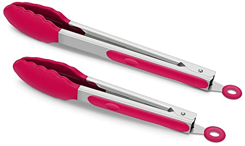 Premium Stainless Steel Food Tongs, 9-Inch & 12-Inch Wine Red Silicone BPA Free Non-Stick BBQ Cooking Grilling Locking Kitchen Tong
