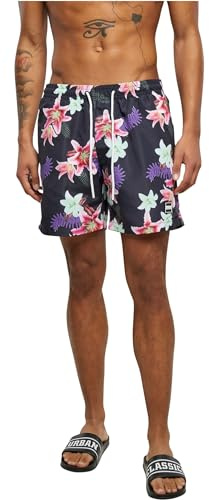 Urban Classics Herren Swim Shorts – Schnelltrocknende Badehose mit Innenslip und Taschen für Strand Pool Urlaub und sportliche Aktivitäten,Dark Jungle AOP,S
