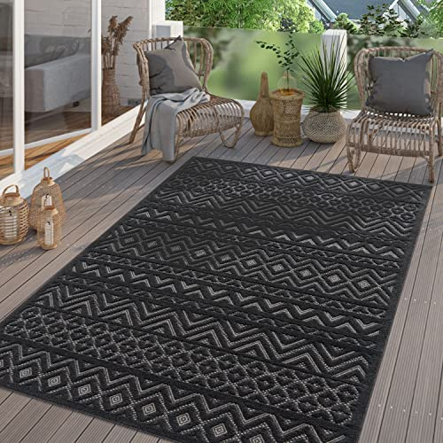 TT Home In-& Outdoor Teppich Wetterfest Balkon Küche Wohnzimmer Boho Skandi Design, Farbe: Dunkelgrau, Größe:80x150 cm