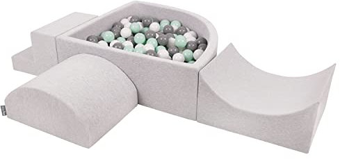 KiddyMoon Spielplatz Aus Schaumstoff Mit Viertel Eckig Bällebad (300 Bälle) Hindernisläufe, Hellgrau:Weiß/Grau/Minze