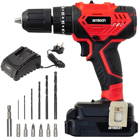 Amtech V6610 Cordless Combi Drill, 18V Lithium-Ion Battery, 2Ah, 40Nm Motor, 20 Torque & Impact Settings