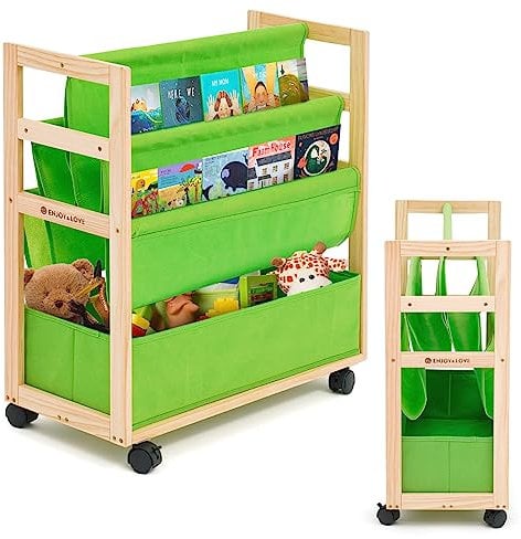 HOMCENT Bücherregal für Kinder mit großen Aufbewahrungsbehältern und rollenden Rädern, Doppelseitiges Kinder Sling Bücherregal für Kinderzimmer, Spielzimmer, Spielzeugaufbewahrung