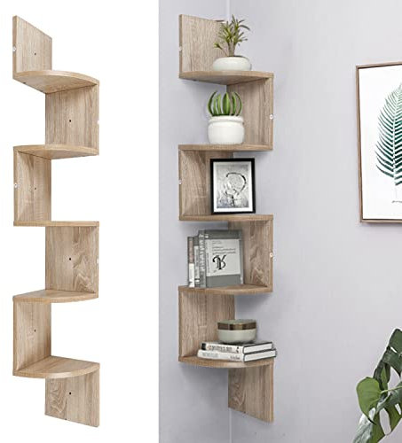 MINGYI Eckregal mit 5 Ebenen, Wandregal, aus MDF-Holz, Hängeregal, Zickzack-Form, ca. 20 x 20 x 123 cm (Eiche)