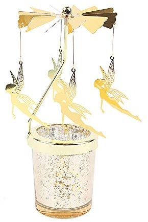 Blumenfee Teelicht Karussell Windlicht Glas Teelichthalter Gold Teelichtglas Rotierender Kerzenhalter Eisen Metall Kerzenständer für Valentinstag Deko Geschenk Hochzeit Dekoration Wohnzimmer Tischdeko