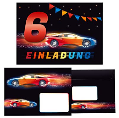 12 Einladungskarten incl. 12 Umschläge zum 6. Kindergeburtstag Einladung zum sechsten Geburtstag Jungen Rennauto Rennwagen
