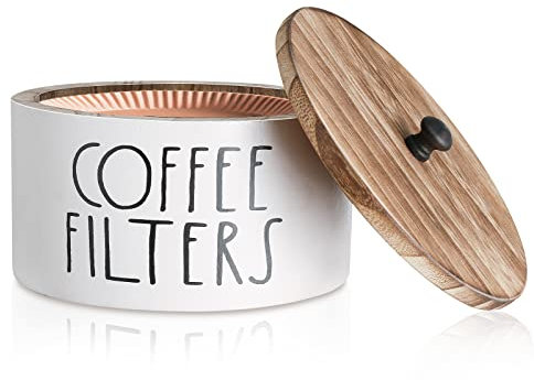 MINCORD Kaffeefilterhalter aus Holz mit Deckel – Rustikaler Aufbewahrungsbehälter und Spenderkorb für Kaffeebar-Dekoration, Bauernhaus-Zubehör – Weiß