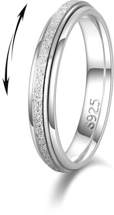 LOFITOR 925 Sterlingsilber Fidget Spinner Ring für Damen Anxiety Angst-Ring | Silber Drehbare Adhs Anti-Stress Ring Mit Drehbarem Band; Sandstrahl-Rauten-Design, Als Daumenring Für Herren Geeignet