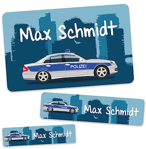 GRAVURZEILE Schuletiketten - Polizei Design - Personalisiert mit Namen - 100 Aufkleber in 3 Größen für das Beschriften von Schulsachen Hefte Bücher - Geschenk zum Schulanfang zur Einschulung