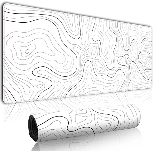Grand tapis de souris de jeu topographique minimaliste blanc, 80 x 30 cm, tapis de souris avec base antidérapante de 3 mm, tapis de souris pour jeu, bureau, travail