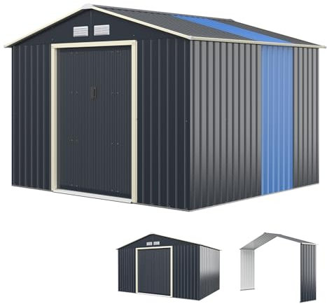 COSTWAY Abri de Jardin Métal 10㎡ 2 Portes Coulissantes Verrouillables, 4 Trous d’Aération, Toit Penché, Cabane Jardin Exterieur Gris pour Vélo, Poubelle, 340 x 319 x 210 cm