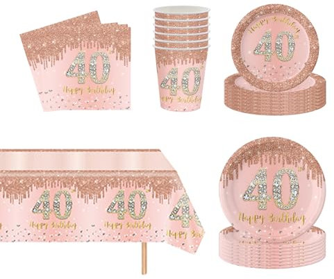 69Pcs Rose Gold 40th Birthday Party Tableware,Pink 40th Birthday Tableware Set with 32P Paper Plates,20P Napkins,1P 40th Table Cloth,16P Paper Cups for Women Her Birthday Party Table Decorations