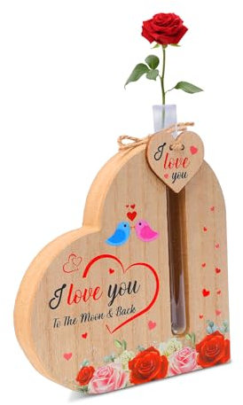 LOOPES I Love You Gifts for Her/Him,Wooden Heart Rose Plaque Birthday Gifts for Wife Engagement Wedding Gifts for Couples Love Vase Gifts for Wife Girlfriend Anniversary Wedding Birthday