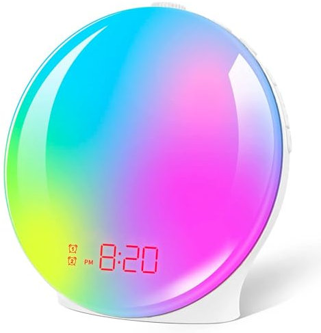 CLUHERTVY Alarm Clock Wake Up Light with Sunrise/Sunset, Sunrise Alarm Clock Wake up Light with 10 Natural Sounds, 7 Colors Atmosphere Lamp and FM Radio, Built-in Phone Charging Port