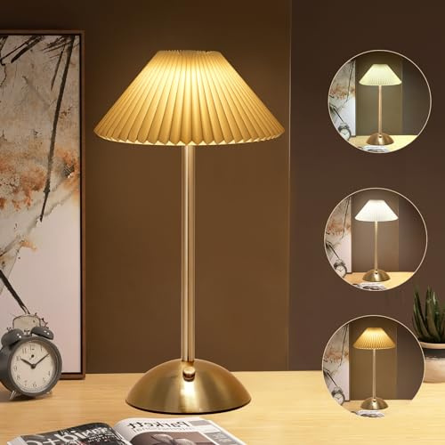 Starnearby LED Tischlampe Kabellos, Touch Dimmbar Akku Tischleuchte 3 Farbtemperatur, Vintage Plissee Metall Kleine Tischlampe für Schlafzimmer, Büro, Nachttisch (Beige + Braune Basis A)
