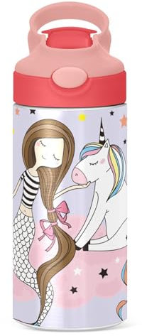 Botella de agua para niños con pajita, linda sirena con unicornio mágico, termo pequeño, termo aislado térmico, termo de acero inoxidable, para deportes fríos y calientes, 350 ml, tapa a prueba de