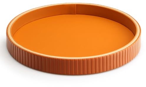 SANZIE Leather Desktop Storage Organizer Premium Serving Tray for Sundries, Cosmetics, Phone, Wallet, Cutlery - Decorative Valet (Orange Disc)