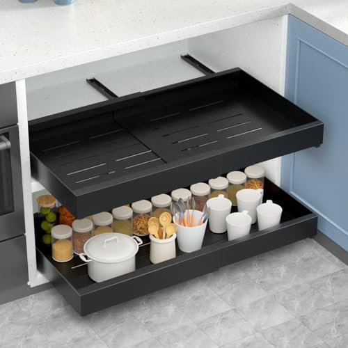 Alishomtll Teleskopschublade, Ausziehbare Schublade Küchen, Küchenschrank Verstellbare Breite, Metall Schrank Organizer Ausziehbar Kein Bohren, für Küche, Bad, Wohnzimmer, 43-68x42x7cm Schwarz