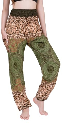 CHAINUPON Harem Pants Women Flowy Trouser Yoga Boho Hippie Clothes, Mandala Olive Green, 3XL
