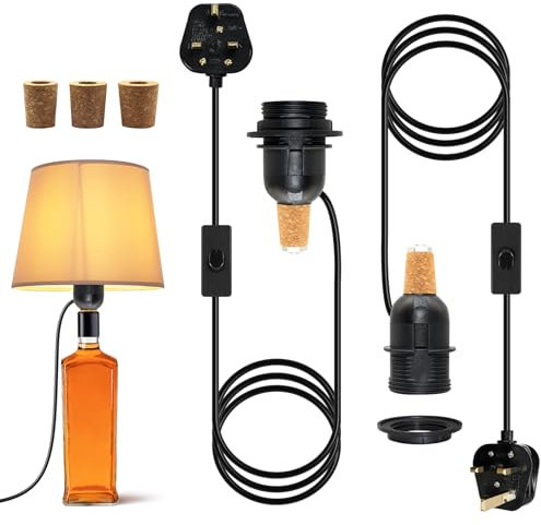 Bottle Lamp Adaptor Kit, 2 Pack Bottle Lamp Kits, Black DIY Lamp Fittings Kit for Table Lamp, E27 Light Bulb Adapter, E26 Wine Bottle Table Lamp, Can Install Lampshade,3 Sizes of Stoppers for You
