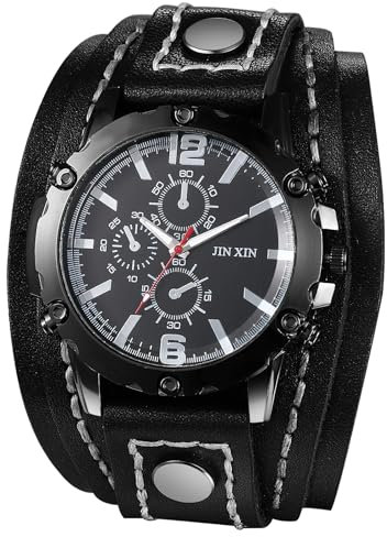 Silverora Herrenuhren Leder Steampunk Armbanduhren: Punk DREI Augen dekoratives Analoge Quarz Uhren Herren Breit Mehrschichtig Echt Lederarmband Uhren Männer schwarz